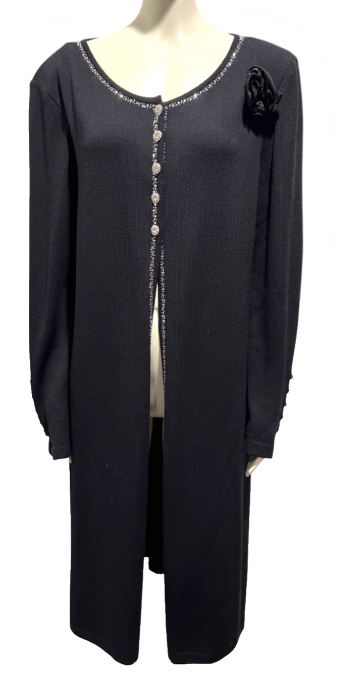 St John Evening Knit Long Maxi Duster Sweater Cardigan 14 Rhinestone Buttons